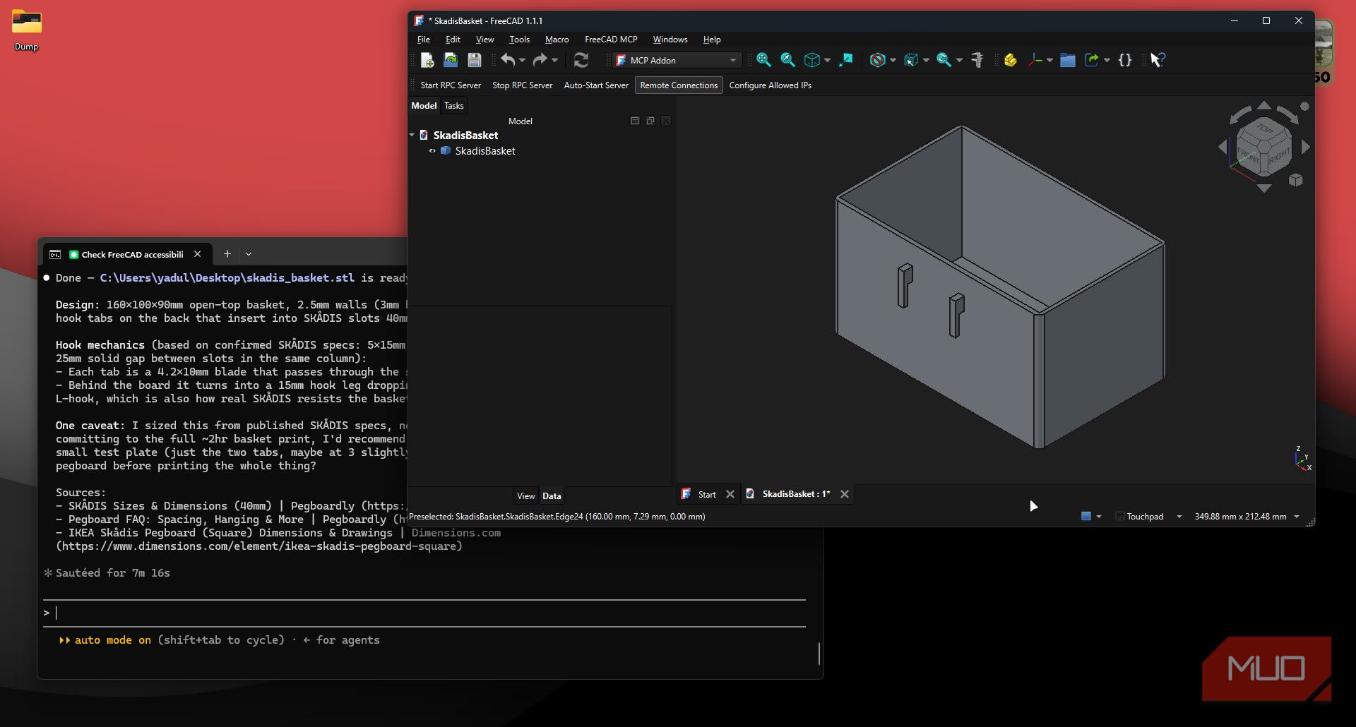 Claude Code after designing part in FreeCAD.