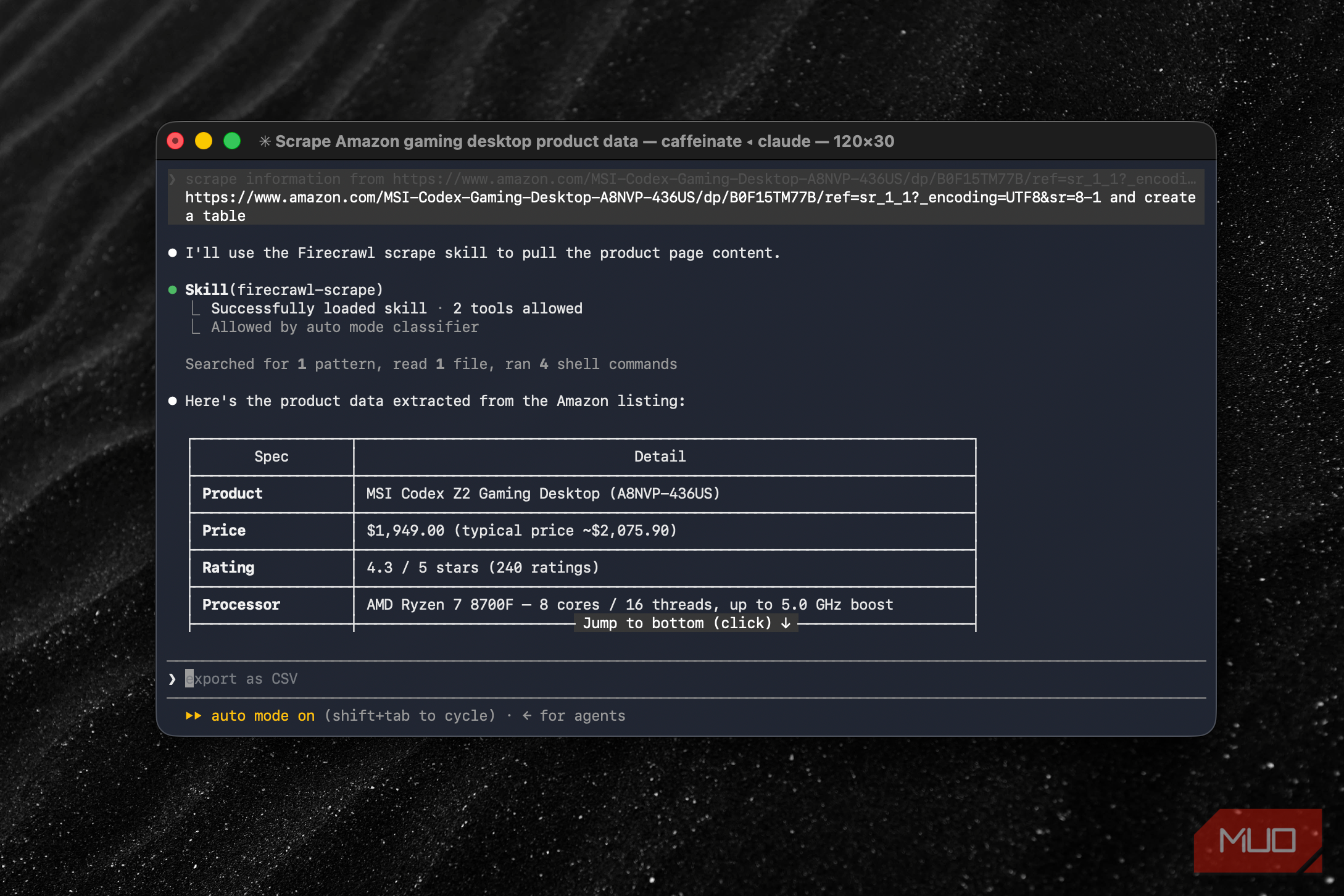 Claude Code and Firecrawl showing scraping data from Amazon