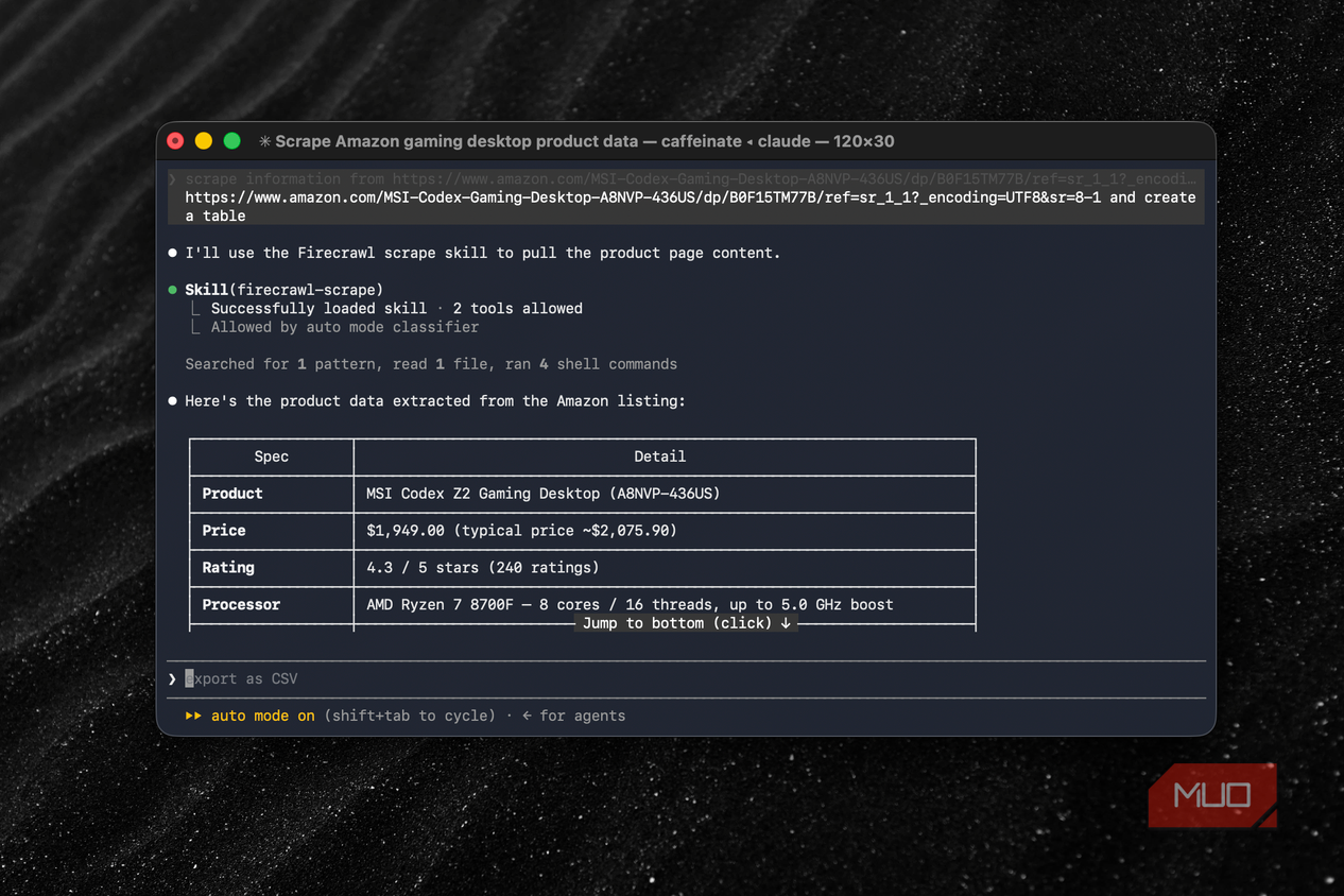 Claude Code and Firecrawl showing scraping data from Amazon