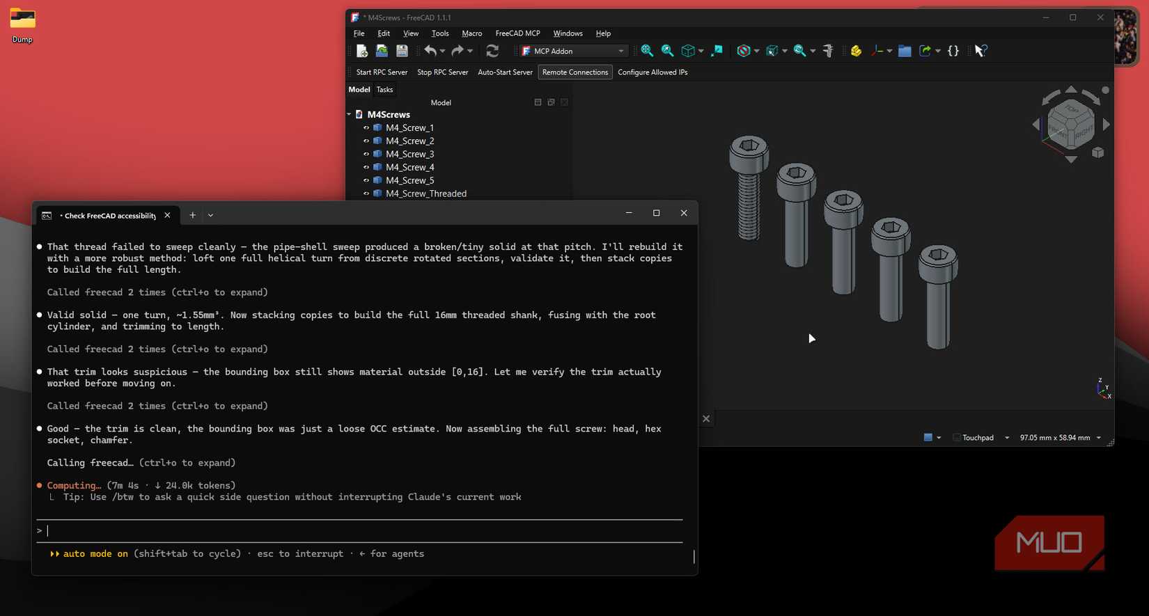 Claude Code making M4 screws in FreeCAD.
