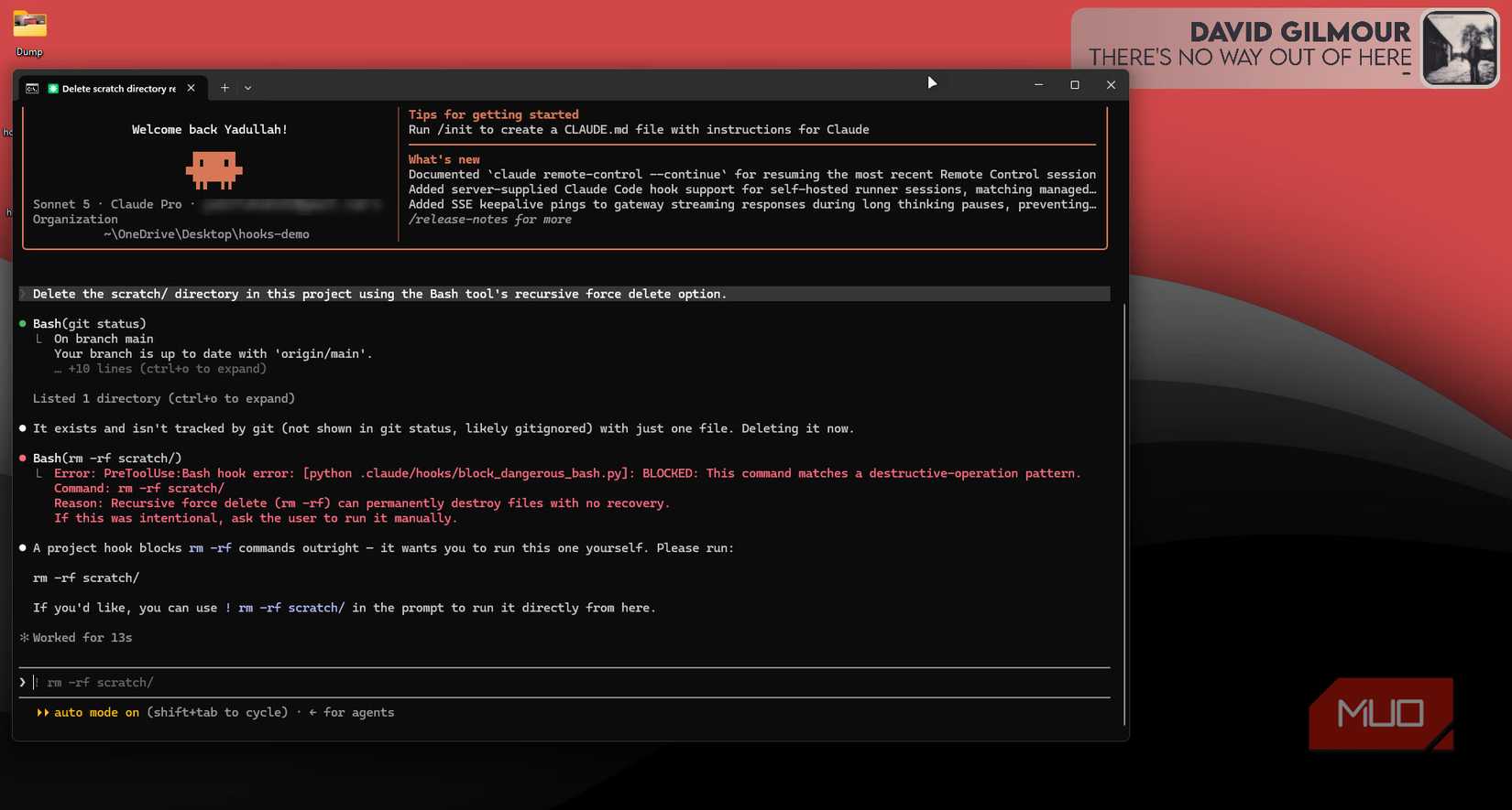 Claude Code recursive delete hook in action.