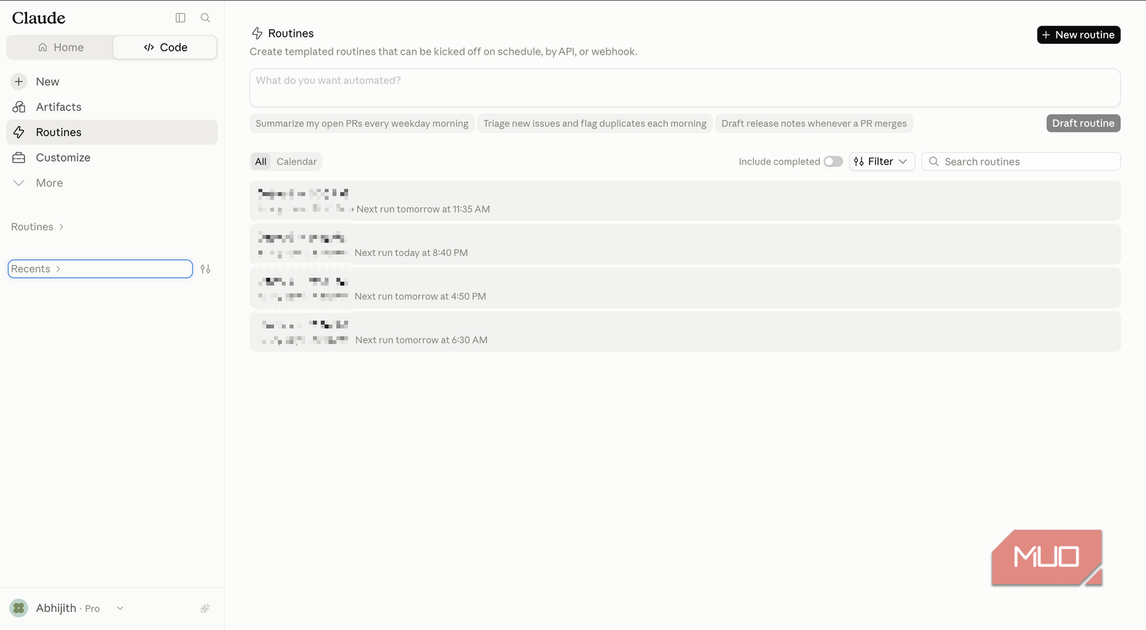 Claude Code Web showing routines and scheduled tasks