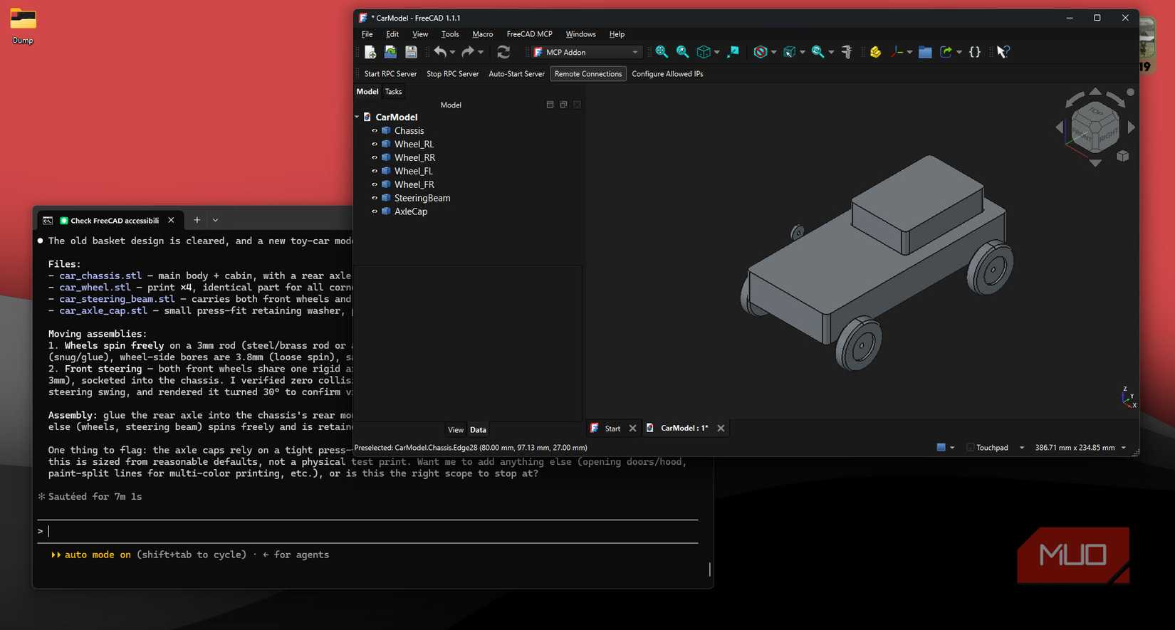 Claude code with complex assembly in FreeCAD.
