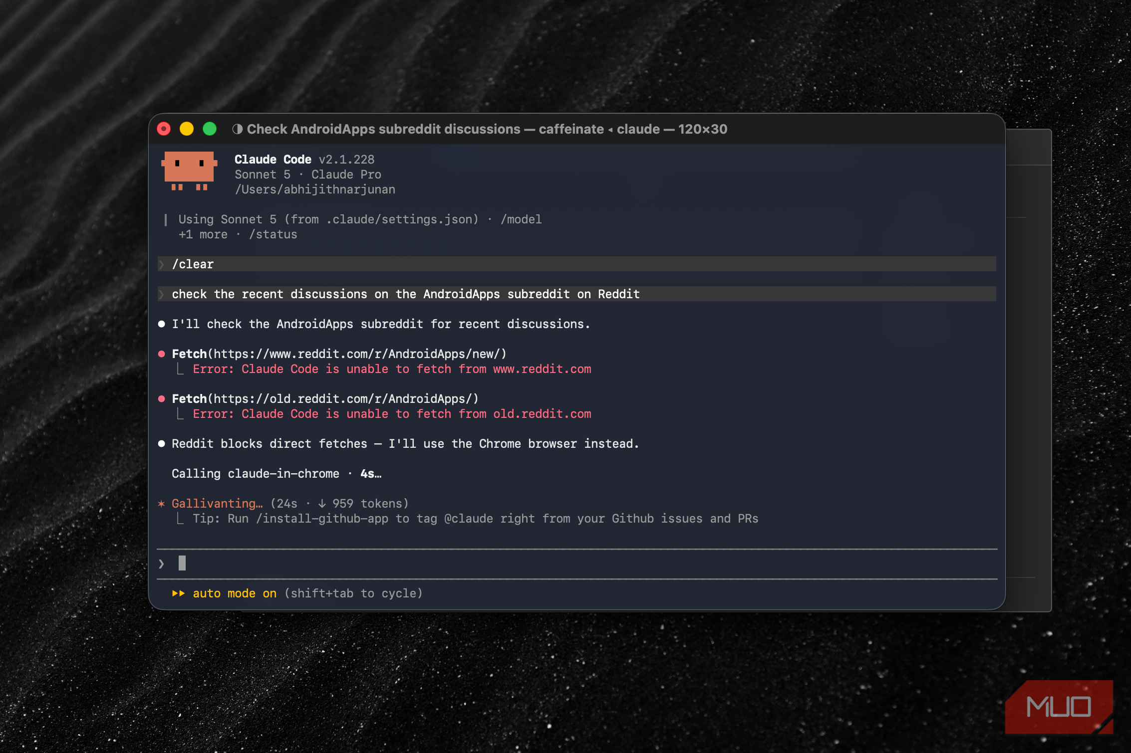 Claude Code showing the web fetch results from Reddit