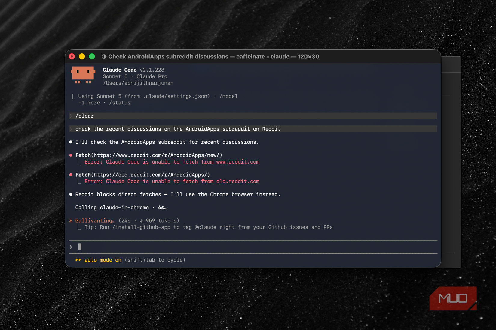 Claude Code showing the web fetch results from Reddit
