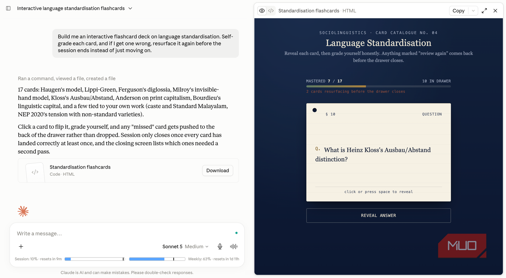 Claude showing the progress on the interactive flashcard