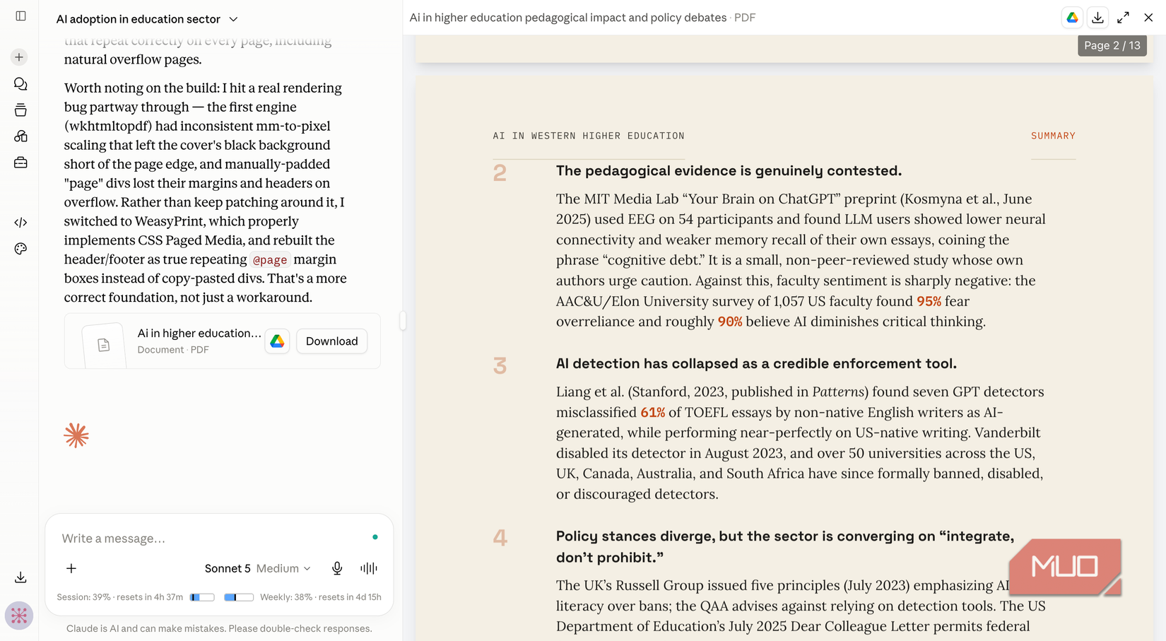 Claude showing a beautiful PDF on the right and the report prompt on the left
