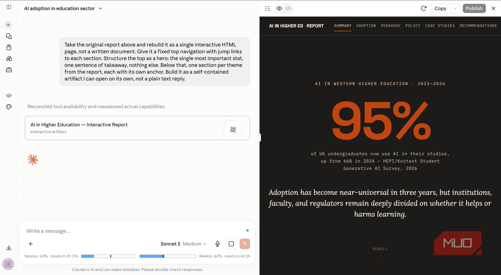 window showing the interactive website on the right and the prompt on the left