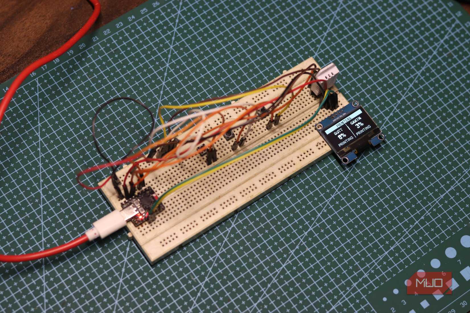 Climate Control unit on a breadboard with 3D printer status.