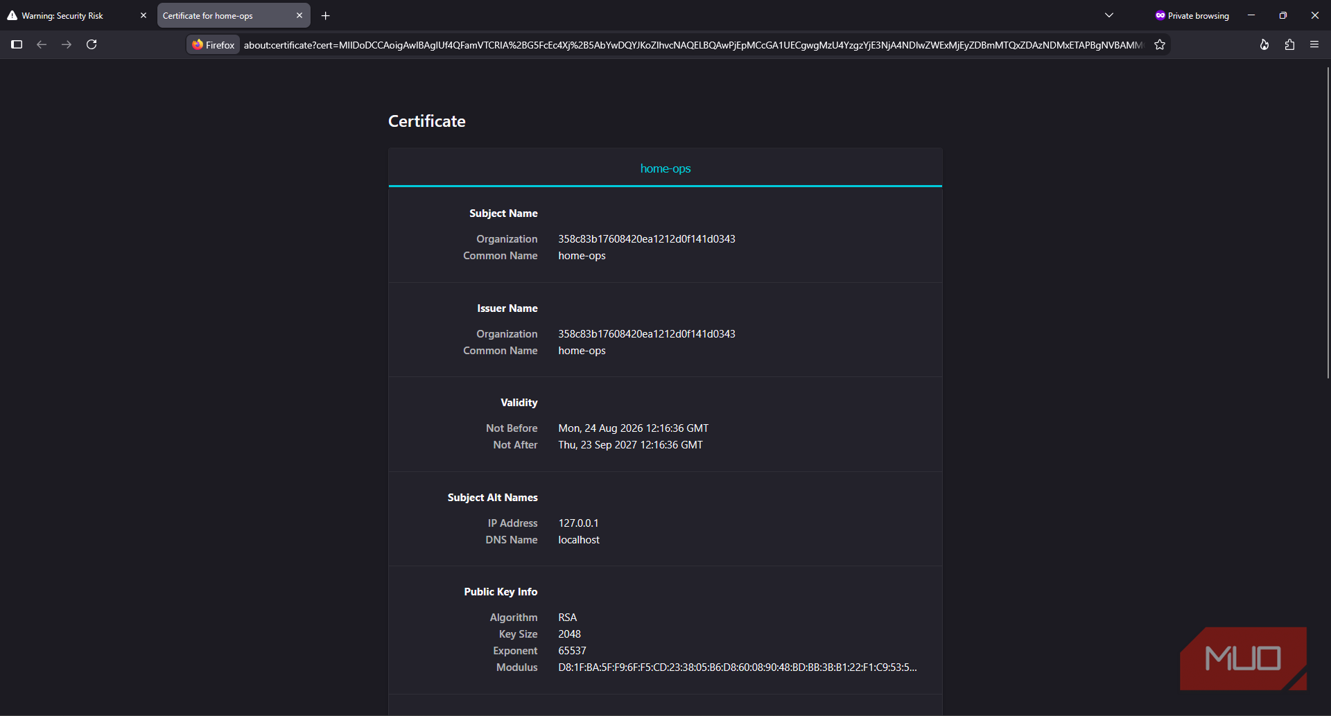 Cockpit self-signed certificate details in browser