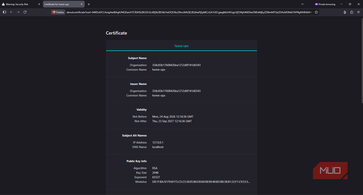 Cockpit self-signed certificate details in browser