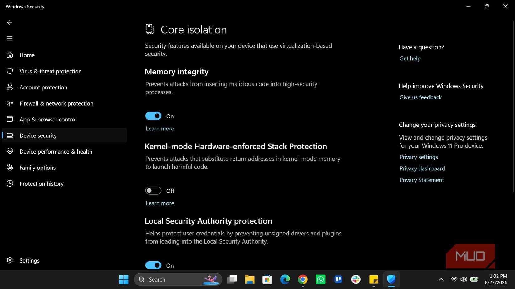 Core Isolation in Windows security