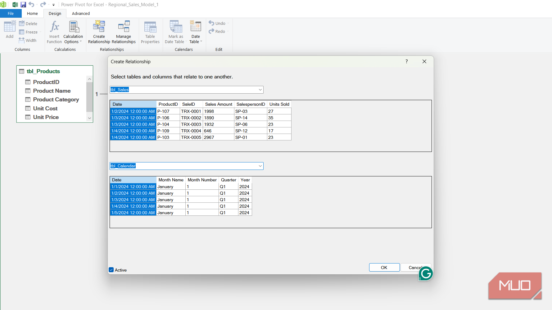 Create relationship dialog box in Power Pivot for Excel.