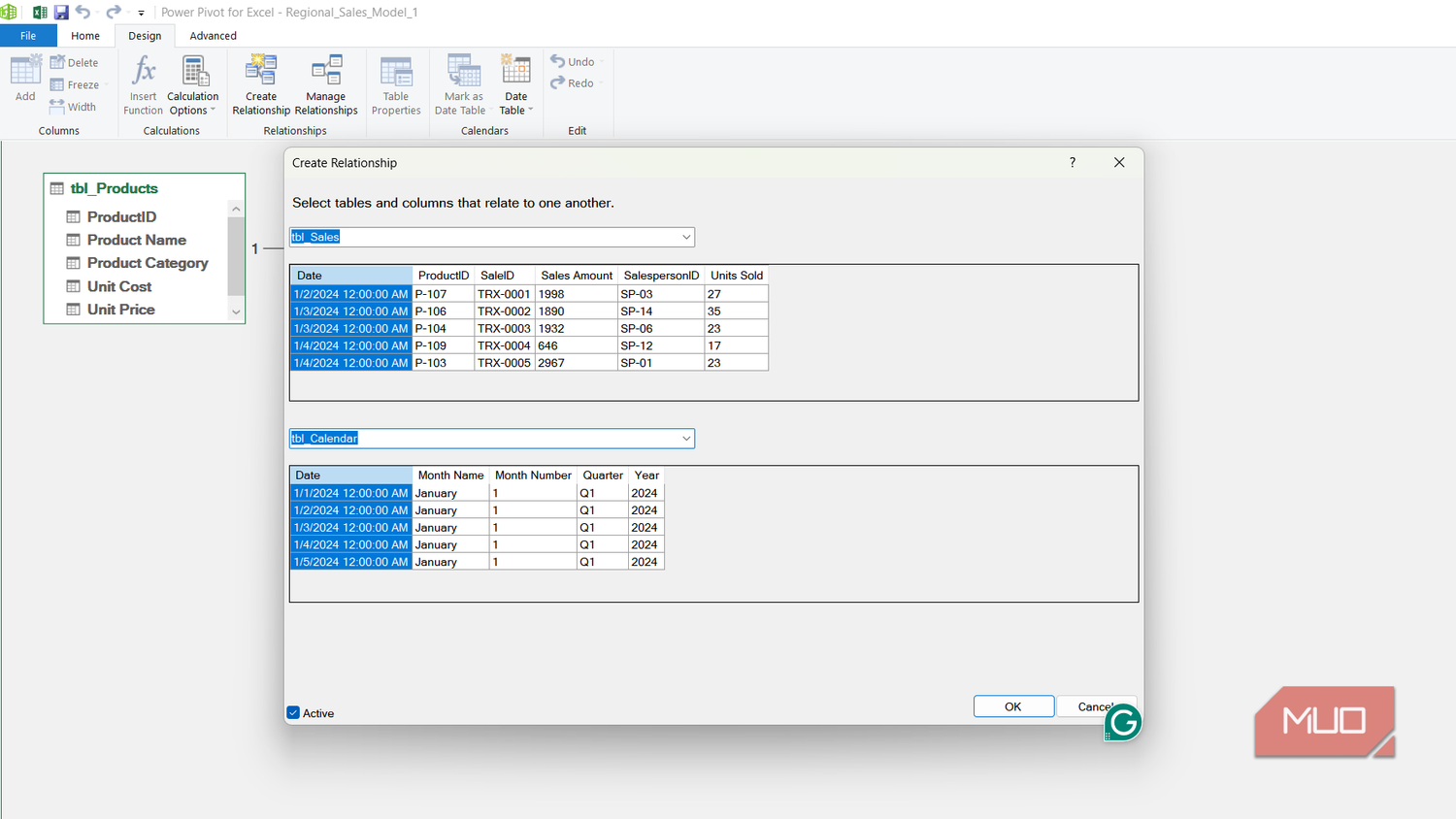 Create relationship dialog box in Power Pivot for Excel.