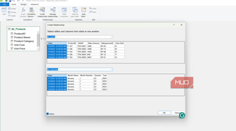Create relationship dialog box in Power Pivot for Excel.