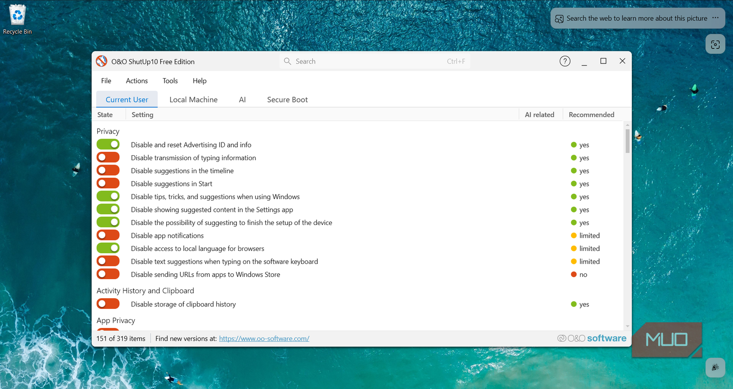Current User privacy toggles with recommended settings