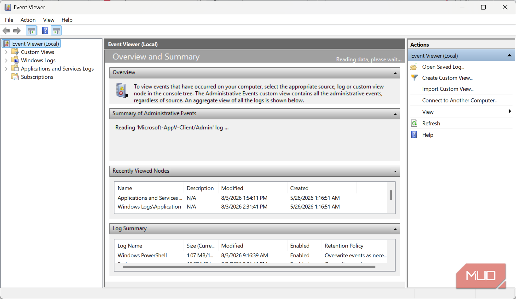 Default event viewer view