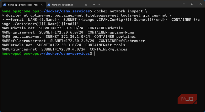 Separate named Docker networks with containers listed