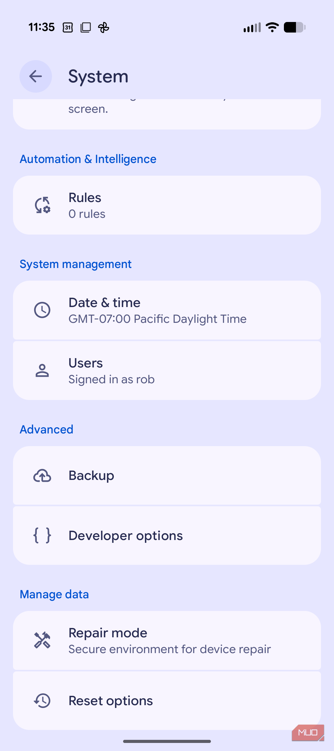 Developer options button in Settings
