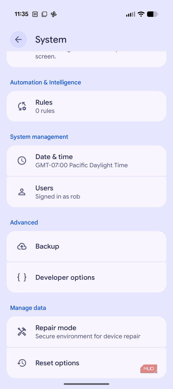 Developer options button in Settings
