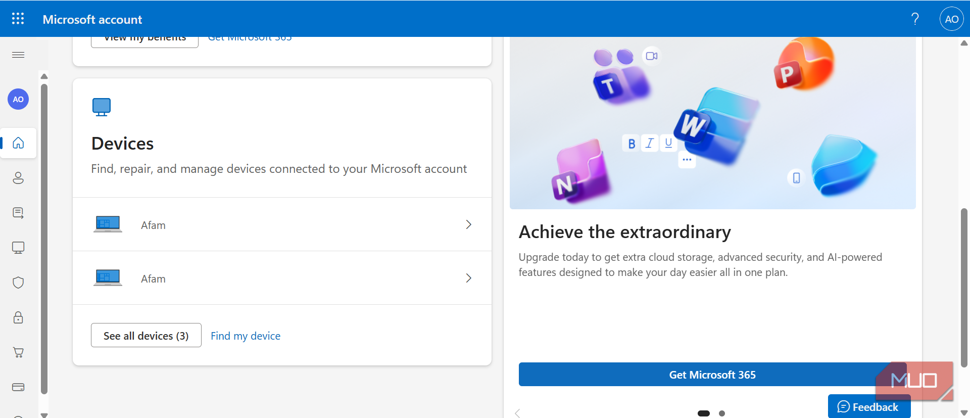 Devices in Microsoft account