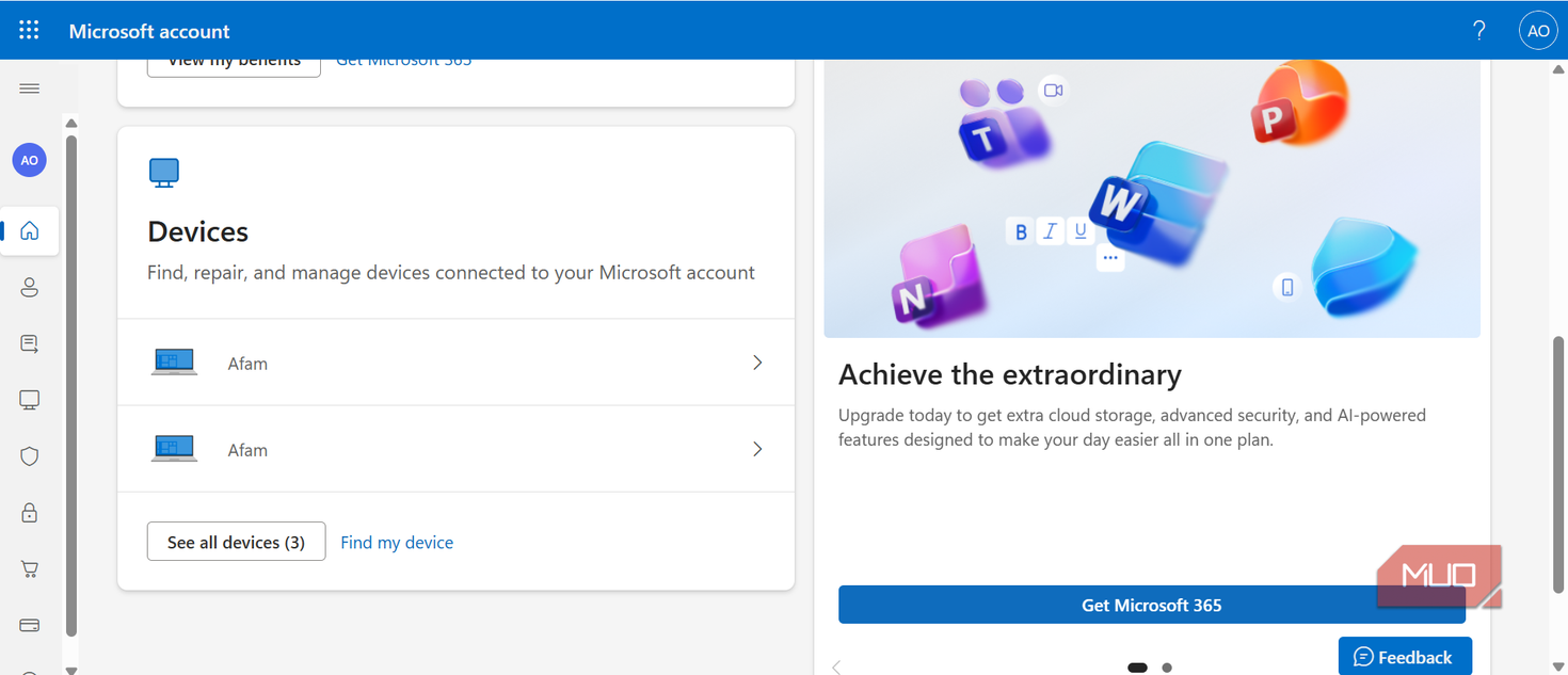 Devices in Microsoft account
