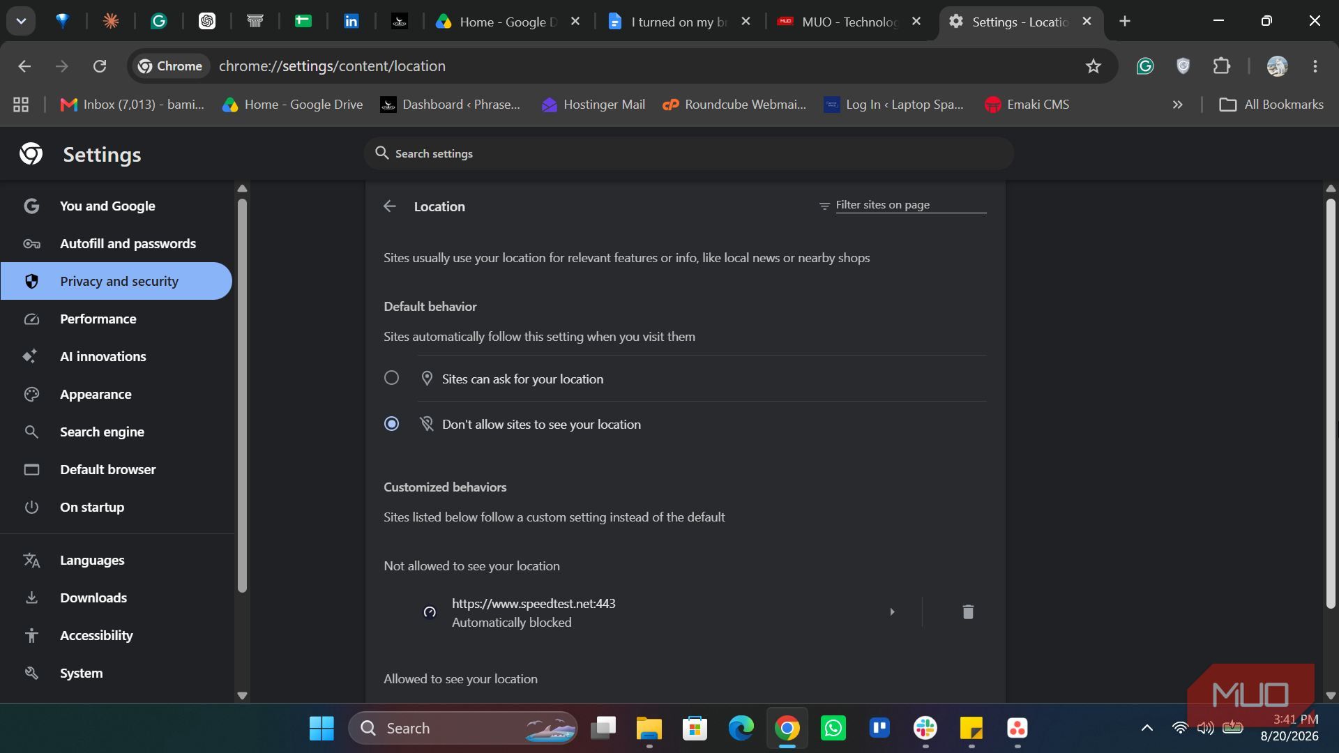 Disabling location access on Chrome