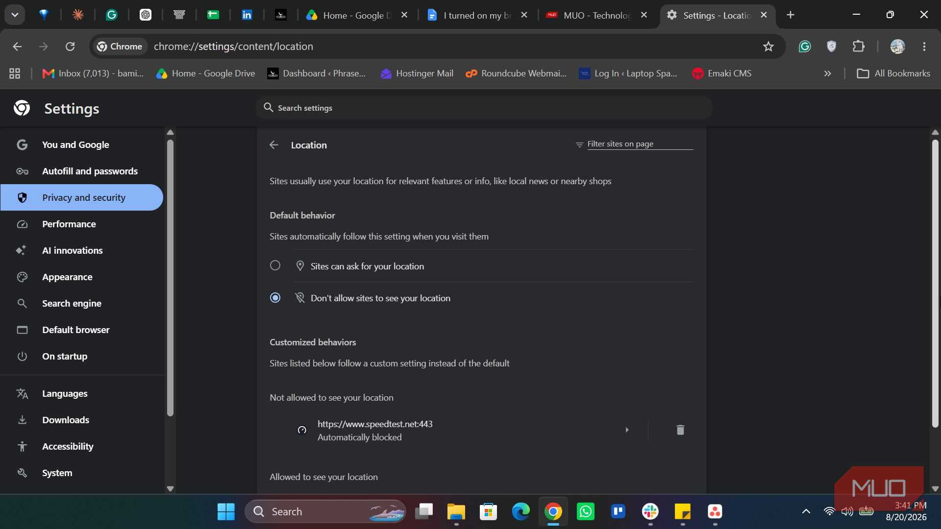 Disabling location access on Chrome