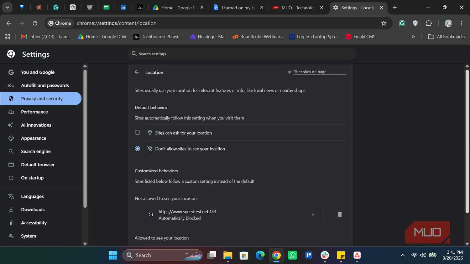 Disabling location access on Chrome