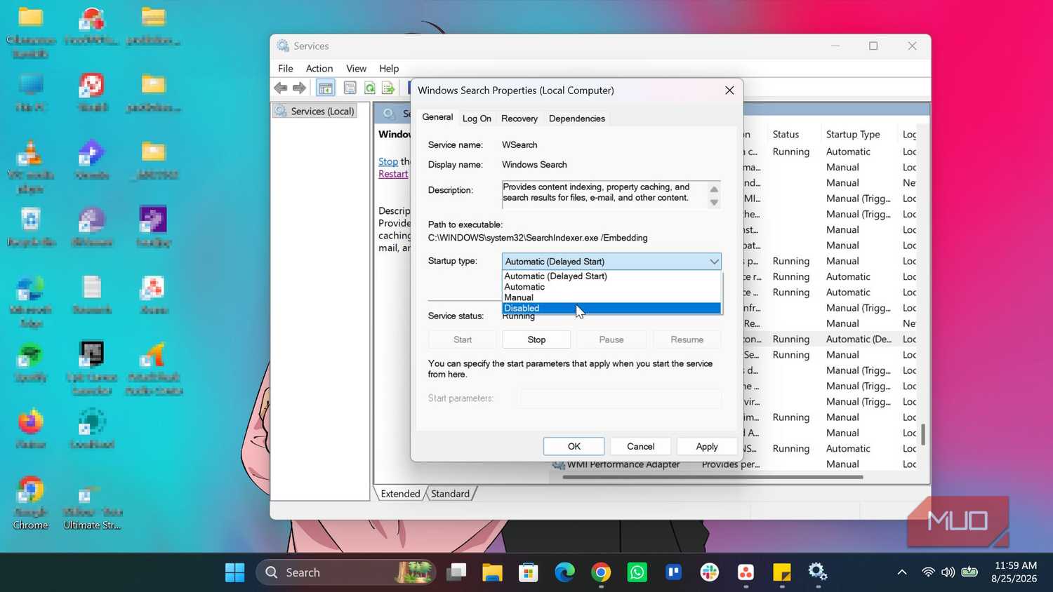 Disabling Windows search service