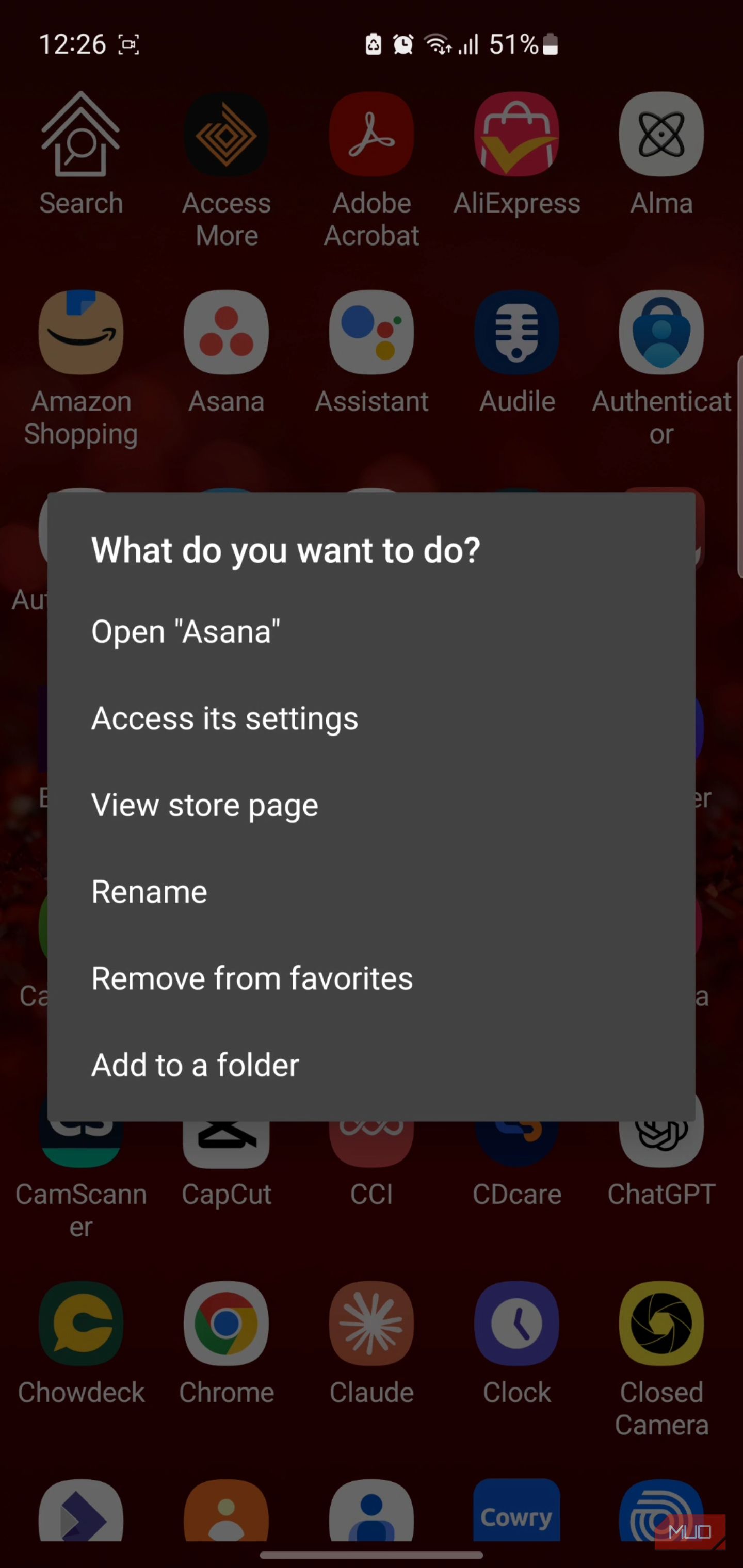 Discreet Launcher app menu with options for Asana app