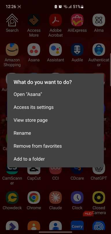 Discreet Launcher app menu with options for Asana app