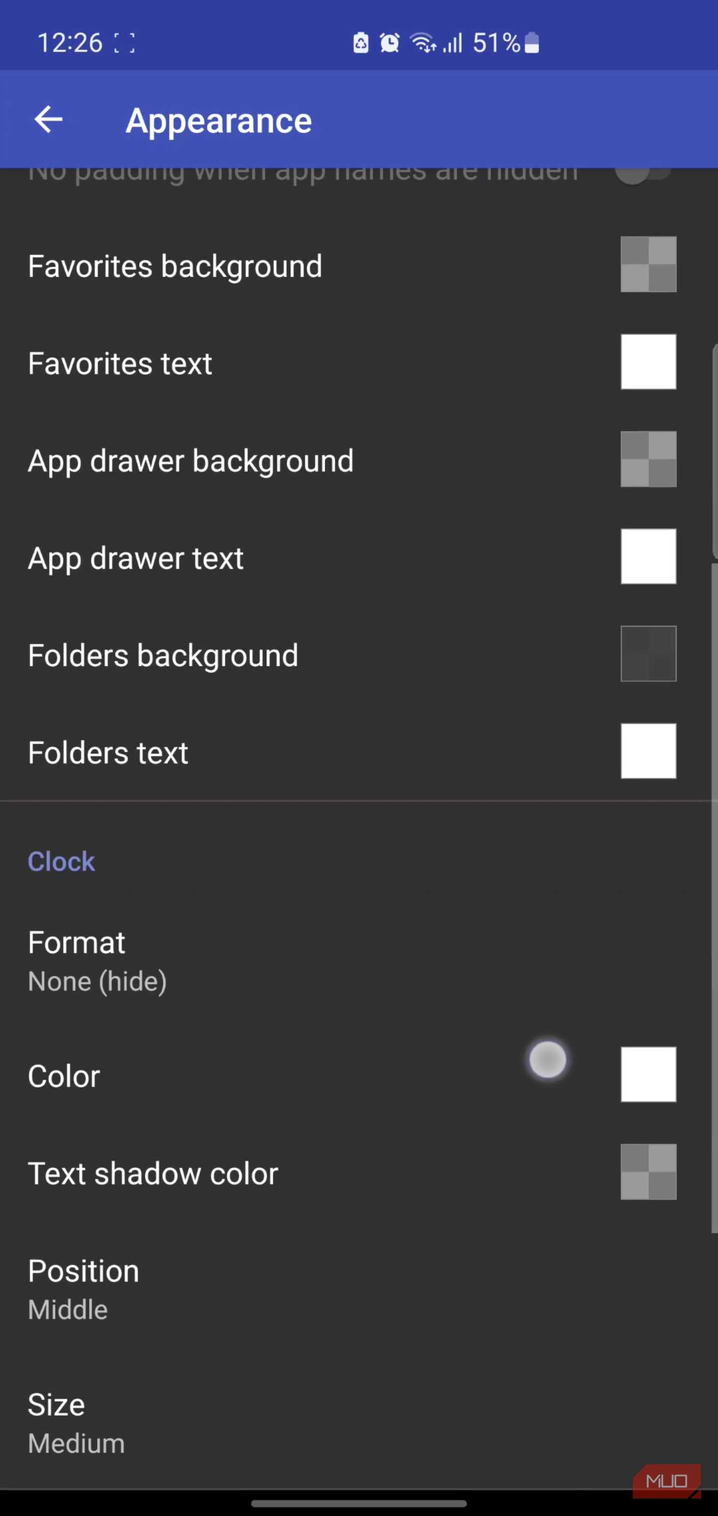 Discreet Launcher Appearance settings menu with color options