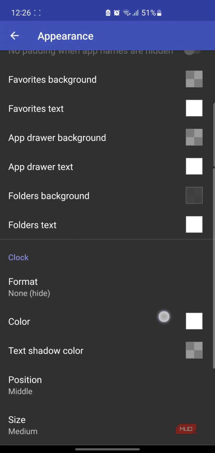 Discreet Launcher Appearance settings menu with color options