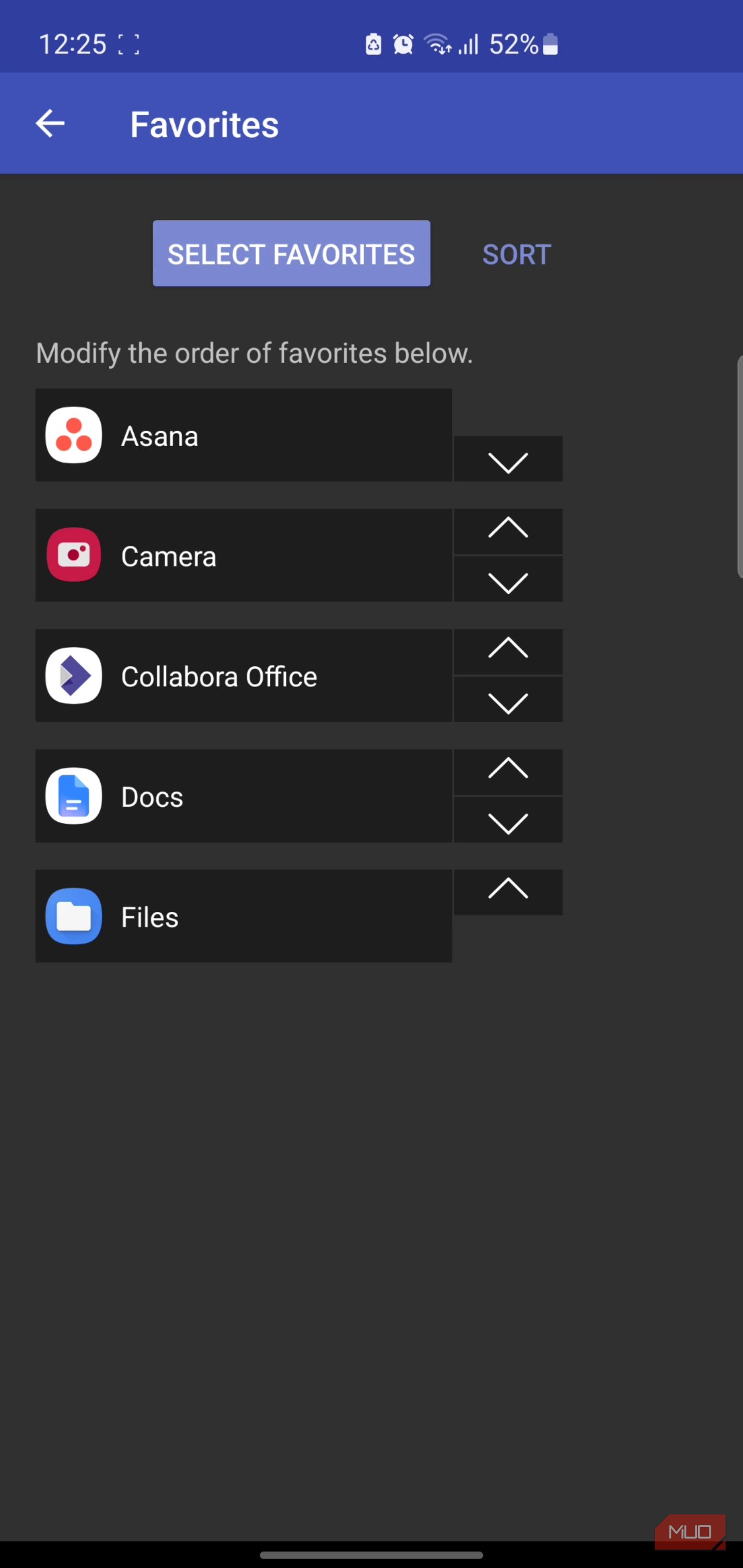 Discreet Launcher settings screen showing reorder favorites list