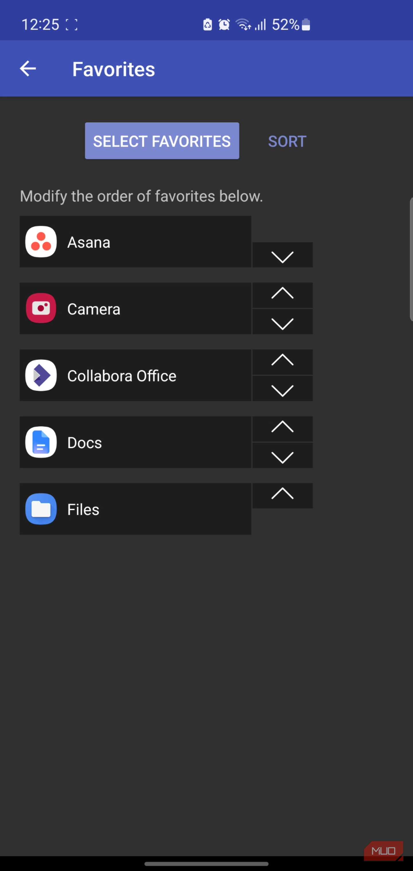 Discreet Launcher settings screen showing reorder favorites list