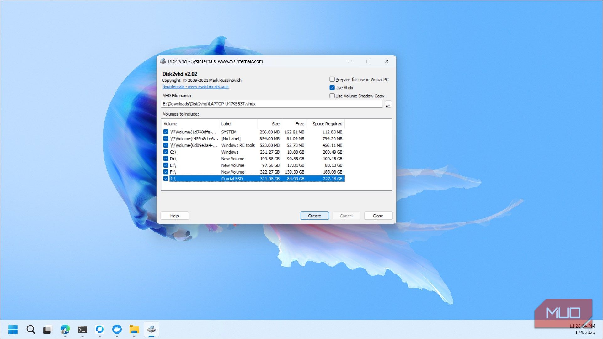 Disk2vhd volume selection dialog creating virtual hard disk from multiple drives