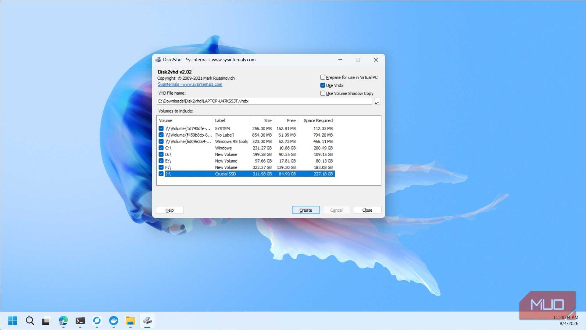Disk2vhd volume selection dialog creating virtual hard disk from multiple drives