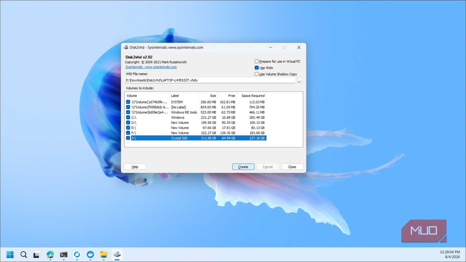 Disk2vhd volume selection dialog creating virtual hard disk from multiple drives