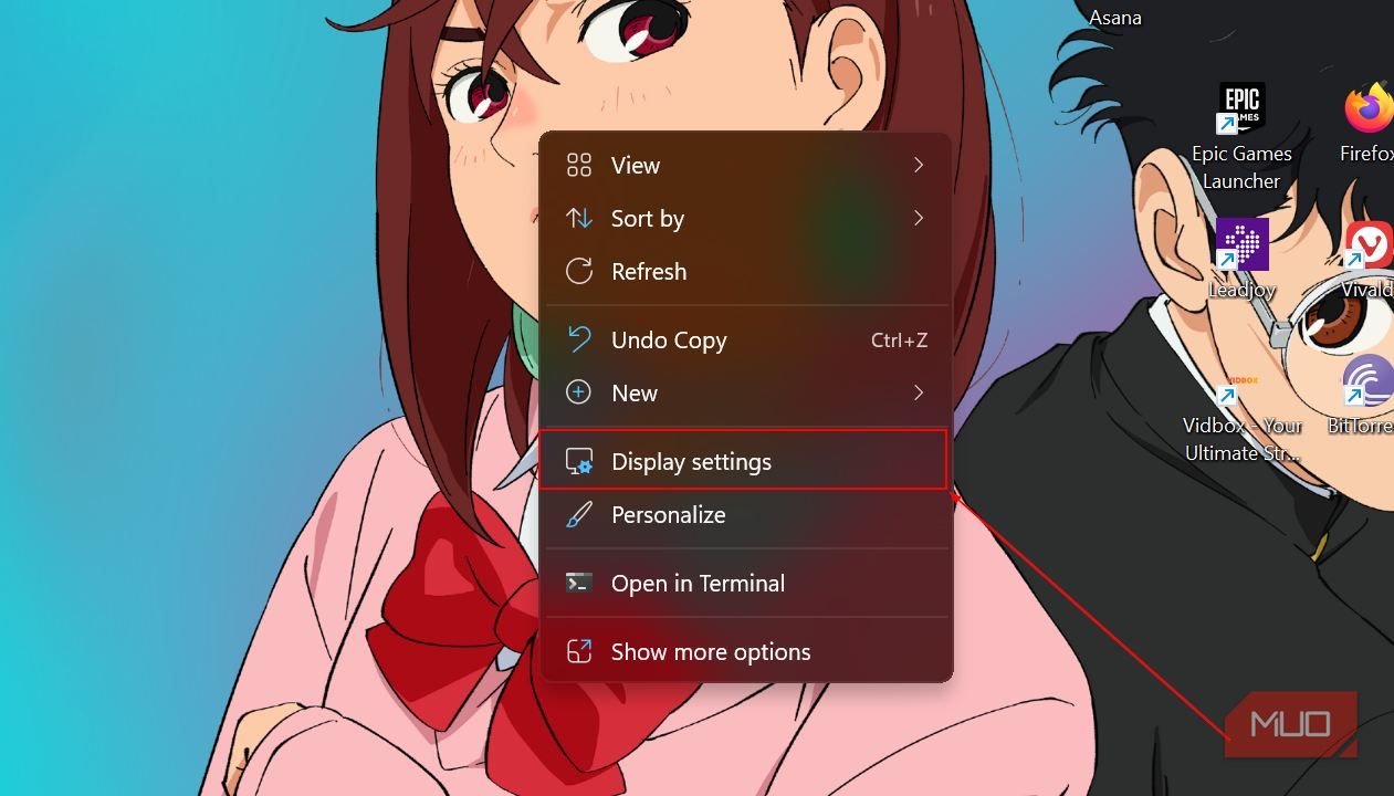 Display settings option on the Windows context menu