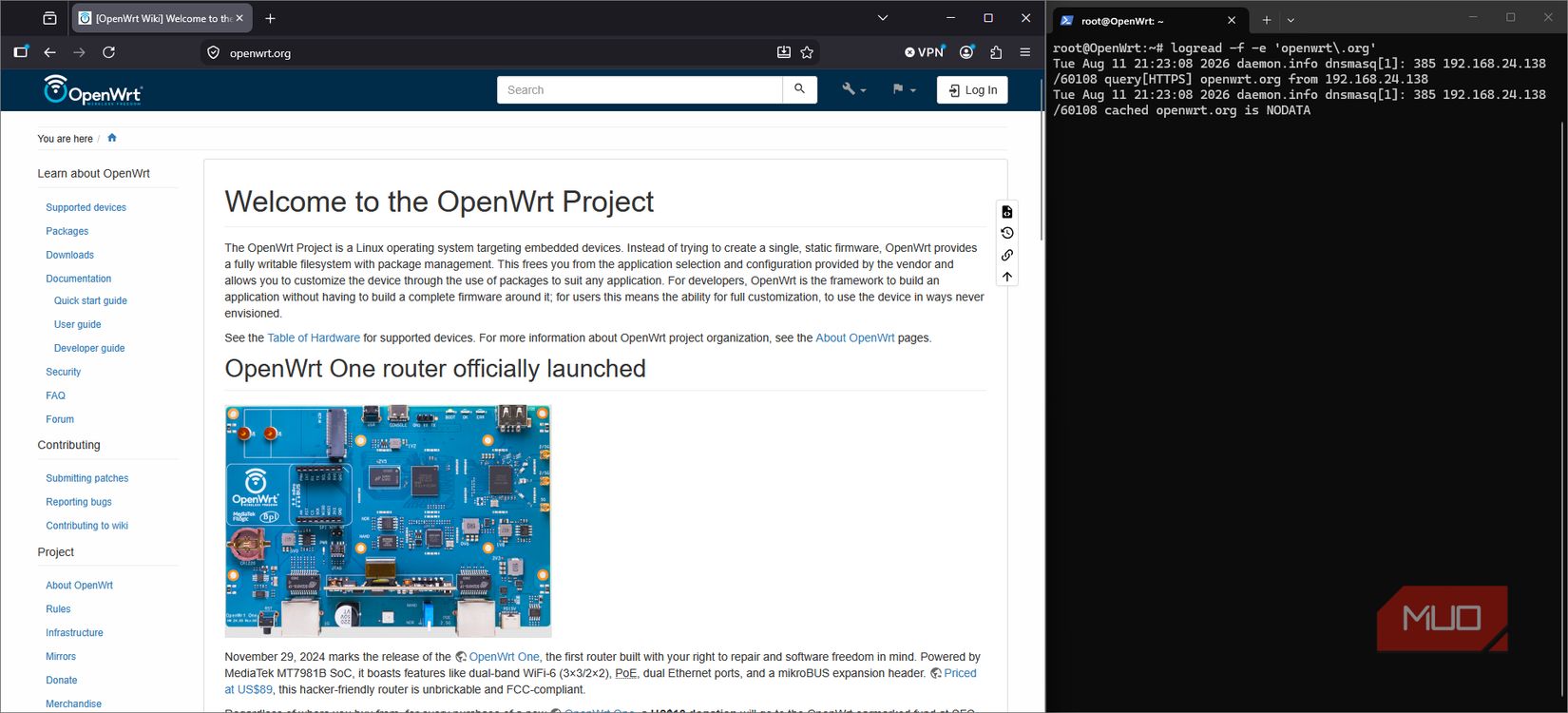 Firefox loads the OpenWRT website while dnsmasq serves its A and HTTPS records from the router cache