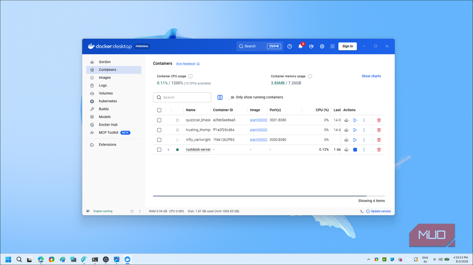 Docker Desktop Containers management interface showing running containers list