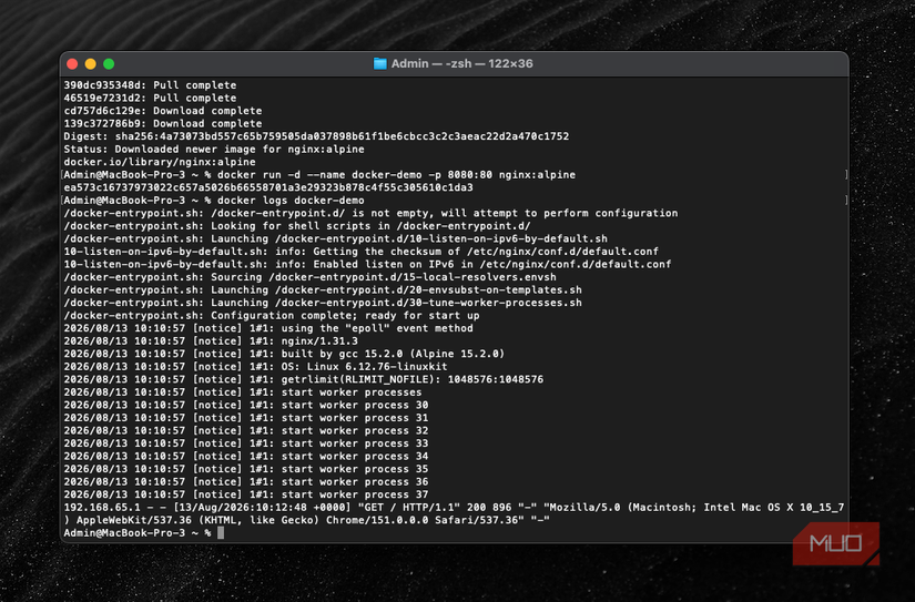 Use docker logs to display the output of a container. 