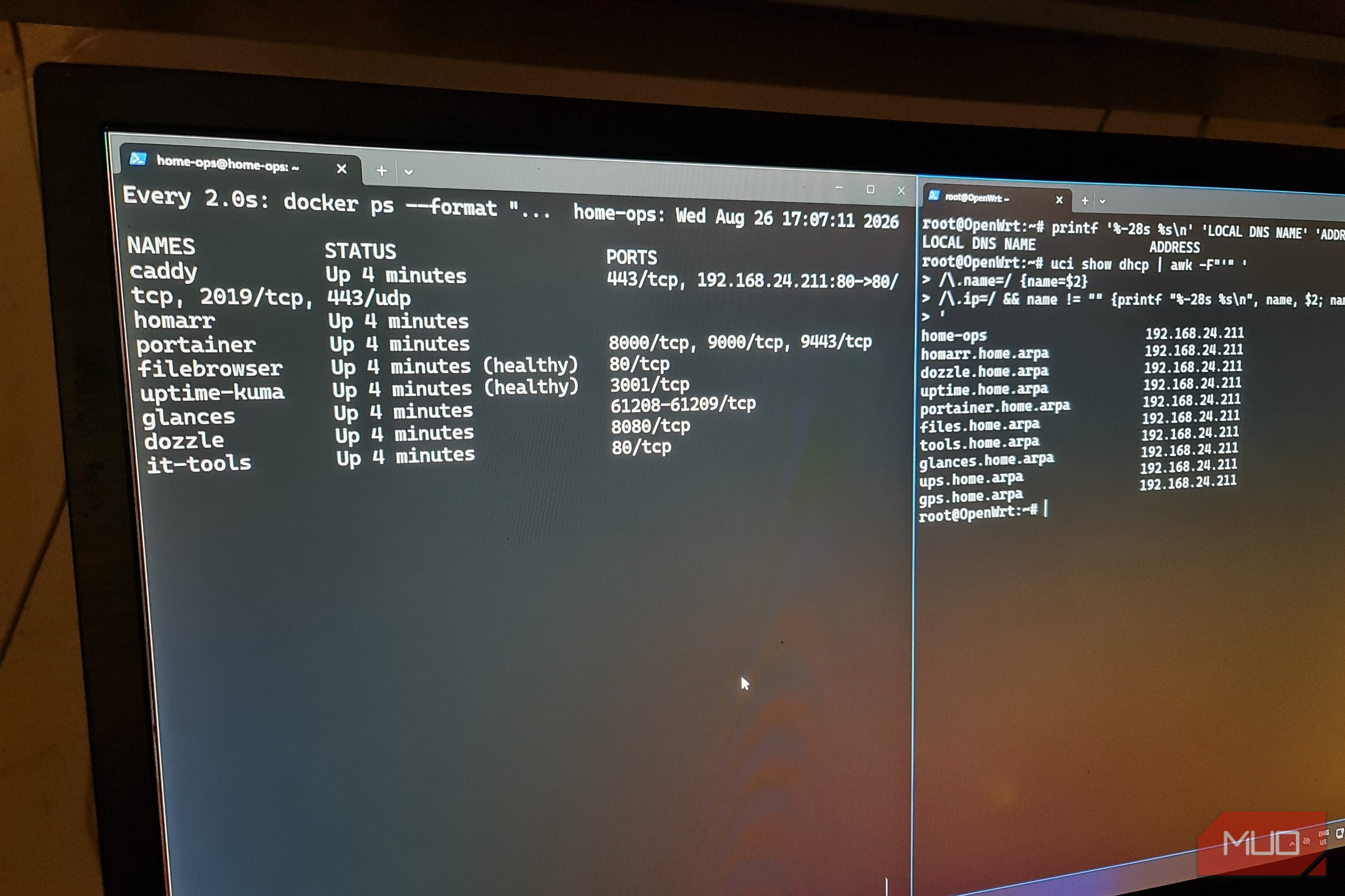 Docker PS status showing containers up and OpenWRT DNS records for container services