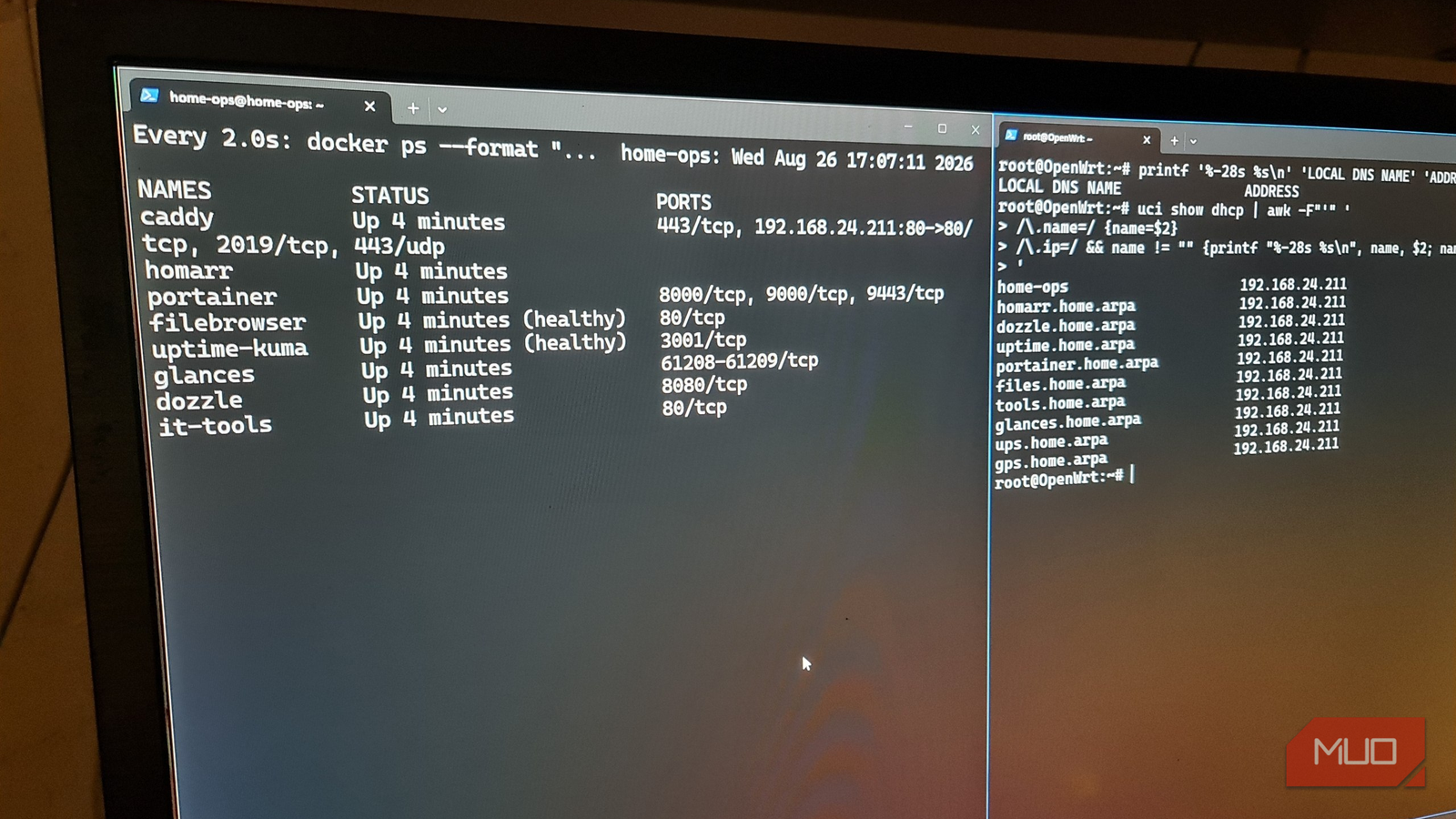 Docker PS status showing containers up and OpenWRT DNS records for container services