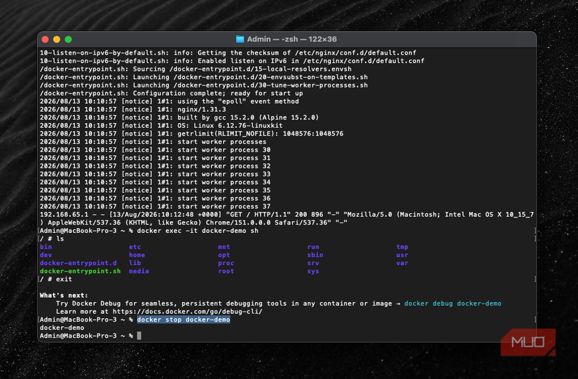 Docker stop shuts down a running container.