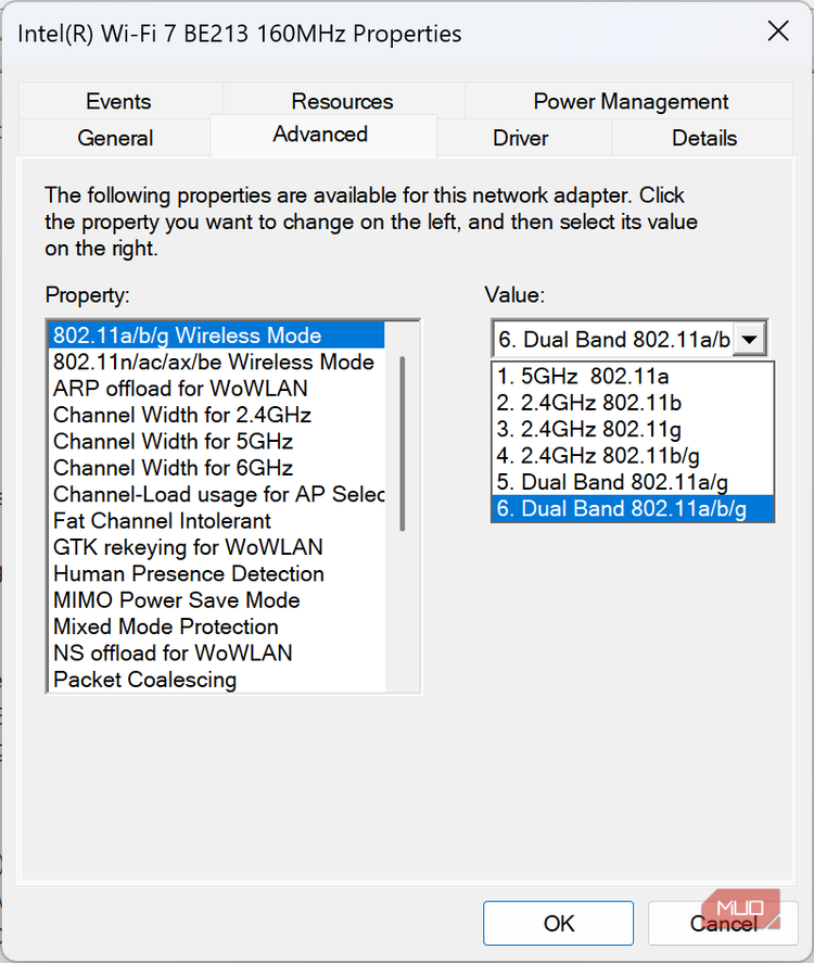 Wireless mode settings in Device Manager