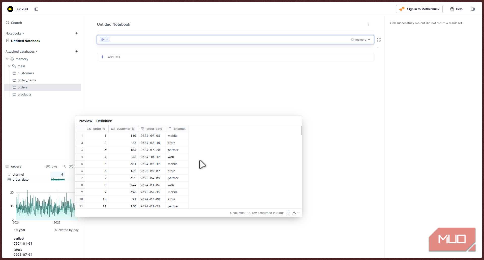 DuckDB data preview for orders.