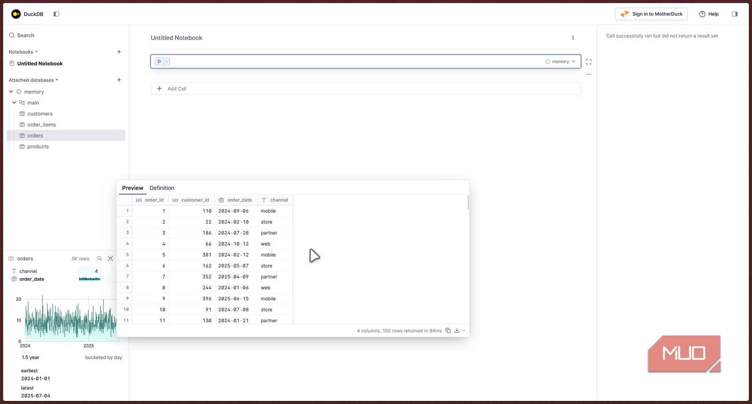 DuckDB data preview for orders.