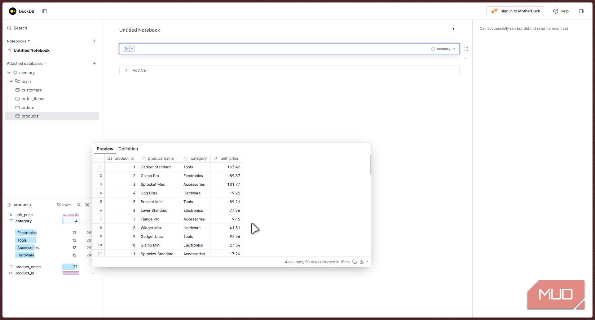 DuckDB product data review.